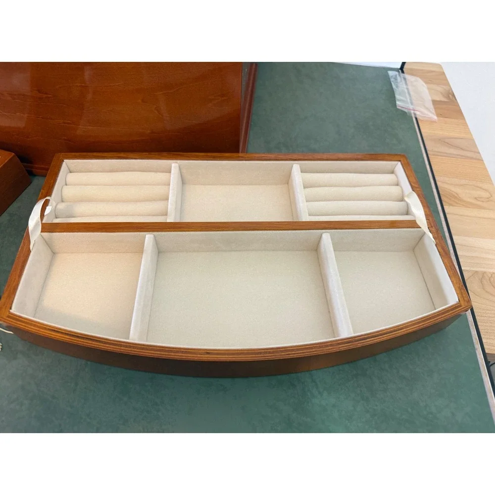 Large Wooden Jewelry Box Chest Locking Bow Front 2 Removable Trays Mirror Key